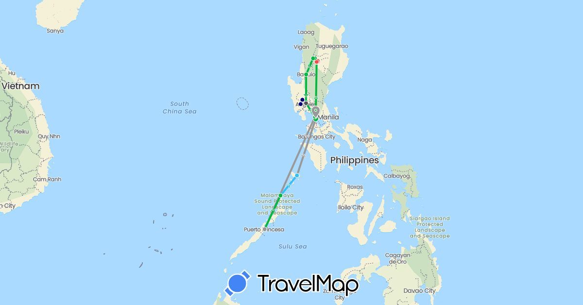 TravelMap itinerary: driving, bus, plane, hiking, boat, motorbike in Philippines (Asia)